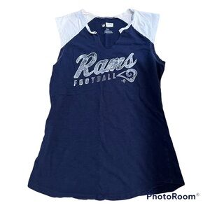 𝅺rams football blue and white muscle tee, NFL team apparel, L, raw V neck.